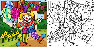 Bu boyama sayfasında doğum günü balonları olan bir palyaço var. Bu illüstrasyonun bir tarafı renkli ve çocuklar için bir ilham kaynağı..