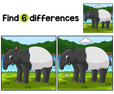 Tapir Hayvan Çocukları aktivite sayfasındaki farklılıkları bul ya da bul. Çocuklar için eğlenceli ve eğitici bir bulmaca eşleştirme oyunu.