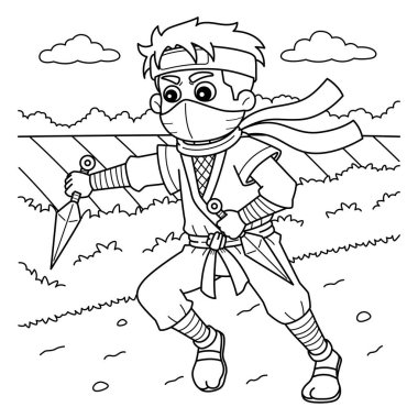 Kunai tutan bir Ninja 'nın sevimli ve komik renkli sayfası. Çocuklar için saatlerce boyama eğlencesi sağlıyor. Renklendirmek için, bu sayfa çok kolaydır. Küçük çocuklar ve yeni yürümeye başlayanlar için uygun..