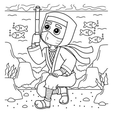 Suyun altında saklanan bir Ninja 'nın sevimli ve komik renkli sayfası. Çocuklar için saatlerce boyama eğlencesi sağlıyor. Renklendirmek için, bu sayfa çok kolaydır. Küçük çocuklar ve yeni yürümeye başlayanlar için uygun..