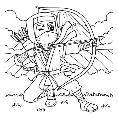 Oku ve yayı olan bir Ninja 'nın sevimli ve komik renkli sayfası. Çocuklar için saatlerce boyama eğlencesi sağlıyor. Renklendirmek için, bu sayfa çok kolaydır. Küçük çocuklar ve yeni yürümeye başlayanlar için uygun..