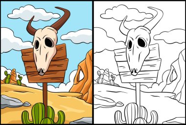 Bu renkli sayfa Kovboy Boğa Kafatası 'nı gösteriyor. Bu illüstrasyonun bir tarafı renkli ve çocuklar için bir ilham kaynağı..