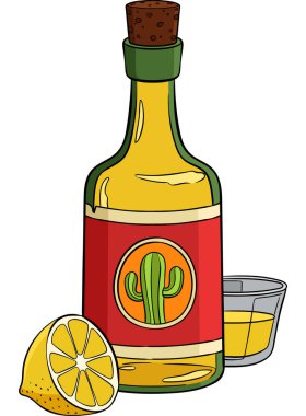 Bu karikatür parçası bir şişe tekila ve bir limon illüstrasyonunu gösteriyor..