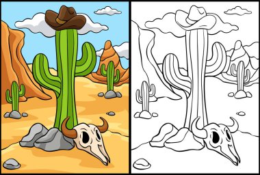 Bu renkli sayfa Kovboy Şapkası, Kaktüs ve Boğa Kafatası 'nı gösteriyor. Bu illüstrasyonun bir tarafı renkli ve çocuklar için bir ilham kaynağı..