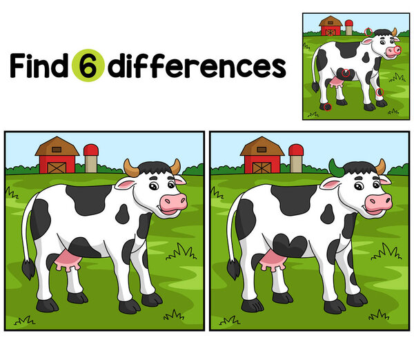 Find or spot the differences on this Cow Animal Kids activity page. A funny and educational puzzle-matching game for children.
