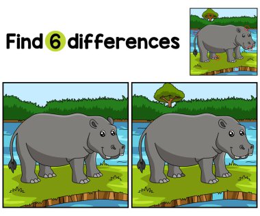 Hippo Hayvan Çocukları aktivite sayfasındaki farklılıkları bul ya da tespit et. Çocuklar için eğlenceli ve eğitici bir bulmaca eşleştirme oyunu.