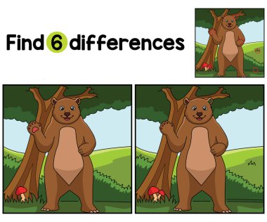 Bear Animal Kids aktivite sayfasındaki farklılıkları bul ya da bul. Çocuklar için eğlenceli ve eğitici bir bulmaca eşleştirme oyunu.