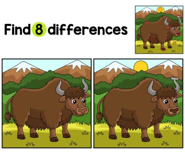 Yak Hayvan Çocukları aktivite sayfasındaki farklılıkları bul ya da bul. Çocuklar için eğlenceli ve eğitici bir bulmaca eşleştirme oyunu.