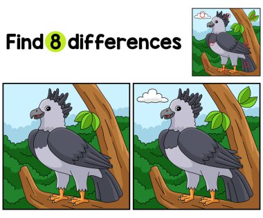 Harpy Eagle Hayvan Çocukları aktivite sayfasındaki farklılıkları bul ya da tespit et. Çocuklar için eğlenceli ve eğitici bir bulmaca eşleştirme oyunu.