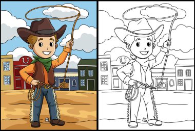 Bu boyama sayfasında ipi olan bir kovboy var. Bu illüstrasyonun bir tarafı renkli ve çocuklar için bir ilham kaynağı..