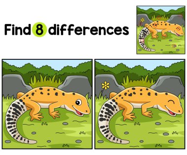 Bu Leopar Gecko Hayvan Çocukları aktivite sayfasındaki farklılıkları bul ya da bul. Çocuklar için eğlenceli ve eğitici bir bulmaca eşleştirme oyunu.