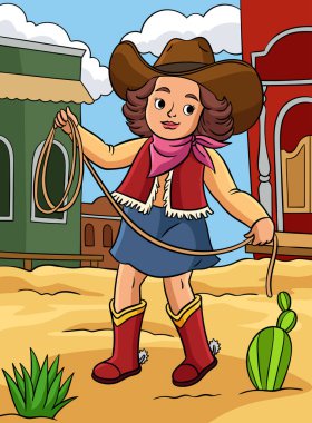 Bu karikatürde Kovboy Kız ve İp çizimi yer alıyor..