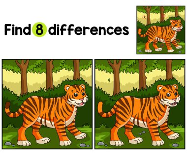 Tiger Animal Kids aktivite sayfasındaki farklılıkları bul ya da bul. Çocuklar için eğlenceli ve eğitici bir bulmaca eşleştirme oyunu.
