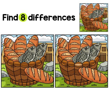 Christian Five Loaves ve Two Fish Kids aktivite sayfasındaki farklılıkları bul ya da bul. Çocuklar için eğlenceli ve eğitici bir bulmaca eşleştirme oyunu.
