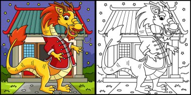 Bu boyama sayfasında Çin elbiseli bir Ejderha Yılı var. Bu illüstrasyonun bir tarafı renkli ve çocuklar için bir ilham kaynağı..