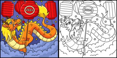 Bu boyama sayfası Ejderha Fenerleri Yılını gösteriyor. Bu illüstrasyonun bir tarafı renkli ve çocuklar için bir ilham kaynağı..