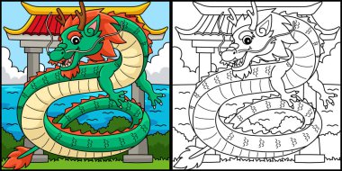 This coloring page shows the Year of the Dragon Chinese New Year. One side of this illustration is colored and serves as an inspiration for children. clipart