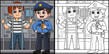 Bu boyama sayfasında bir polis ve bir mahkum var. Bu illüstrasyonun bir tarafı renkli ve çocuklar için bir ilham kaynağı.. 