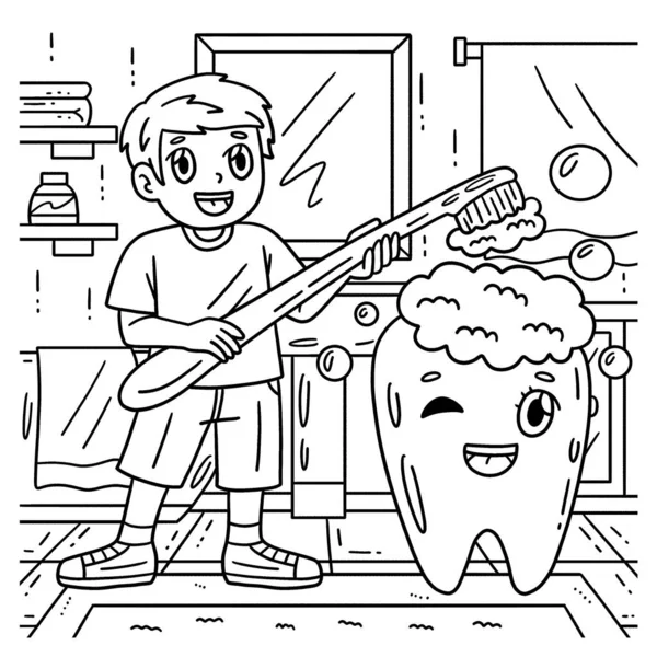 Urocza Zabawna Kolorowanka Opieki Stomatologicznej Dziecko Szczotkowanie Gigantyczny Ząb Zapewnia Grafika Wektorowa