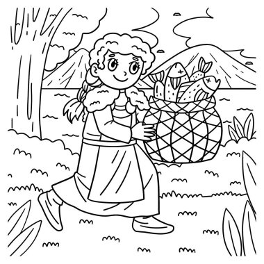 Elinde balık sepeti olan bir Viking kızının şirin ve komik renkli sayfası. Çocuklar için saatlerce boyama eğlencesi sağlıyor. Renklendirmek için, bu sayfa çok kolaydır. Küçük çocuklar ve yeni yürümeye başlayanlar için uygun..