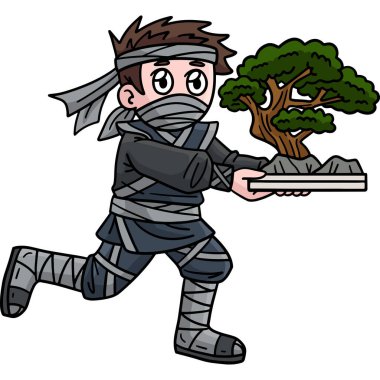 Bu karikatür, Bonsai 'yi taşıyan bir Ninja çizimini gösteriyor.. 