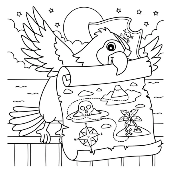 Słodka Zabawna Kolorowanki Pirate Papuga Treasure Map Zapewnia Godziny Kolorowanki Ilustracja Stockowa