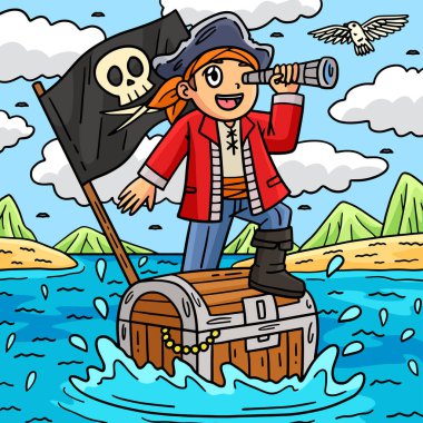 Bu karikatür klipinde bir Korsan ve Sandık Deniz Üzerinde Yüzüyor. 