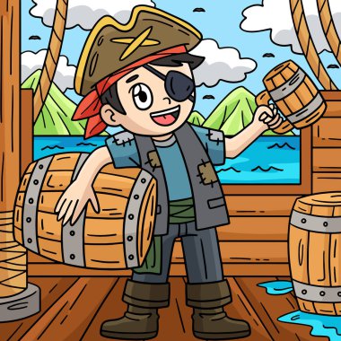 Bu karikatür parçası bir fıçı rom resimli Korsan 'ı gösteriyor.. 