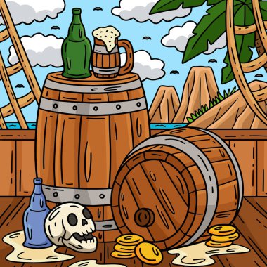 Bu karikatür bir Pirate Rum and Barrels illüstrasyonunu gösteriyor. 