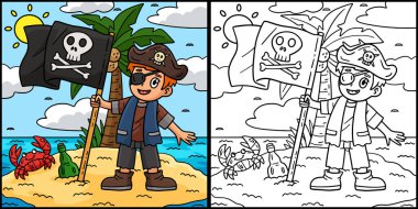Bu boyama sayfasında Korsan ve Kafatası Bayrağı var. Bu illüstrasyonun bir tarafı renkli ve çocuklar için bir ilham kaynağı..