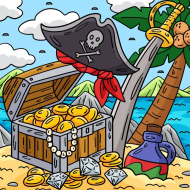 Bu karikatür parçası Korsan Hazinesi, Şapka ve Cutlass illüstrasyonunu gösteriyor.. 