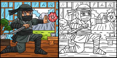 Bu renkli sayfa bir ninja ve çakra enerjisini gösteriyor. Bu illüstrasyonun bir tarafı renkli ve çocuklar için bir ilham kaynağı..