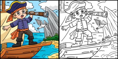 Bu boyama sayfası bir korsanın teleskoptan baktığını gösteriyor. Bu illüstrasyonun bir tarafı renkli ve çocuklar için bir ilham kaynağı..