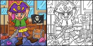 Bu boyama sayfasında Korsan Şapka Giyen Bir Kız var. Bu illüstrasyonun bir tarafı renkli ve çocuklar için bir ilham kaynağı..