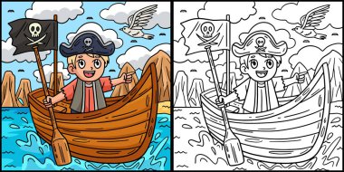 Bu renkli sayfada sandaldaki bir korsan var. Bu illüstrasyonun bir tarafı renkli ve çocuklar için bir ilham kaynağı..