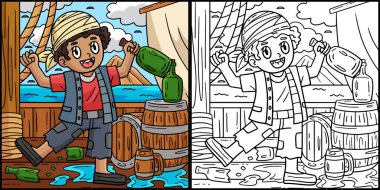 Bu boyama sayfasında bir fıçı romlu korsan var. Bu illüstrasyonun bir tarafı renkli ve çocuklar için bir ilham kaynağı..