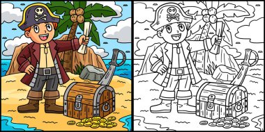 Bu boyama sayfasında Korsan ve Hazine Sandığı var. Bu illüstrasyonun bir tarafı renkli ve çocuklar için bir ilham kaynağı..