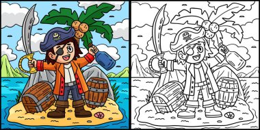 Bu renklendirme sayfasında adanın korsan kaptanı görünüyor. Bu illüstrasyonun bir tarafı renkli ve çocuklar için bir ilham kaynağı..