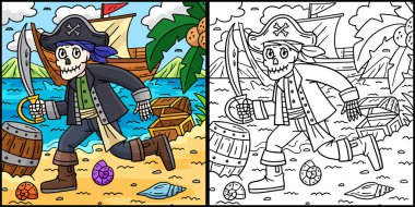 Bu boyama sayfasında Cutlass 'lı bir İskelet Korsanı var. Bu illüstrasyonun bir tarafı renkli ve çocuklar için bir ilham kaynağı..