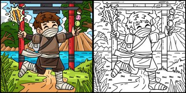 Bu renkli sayfada maytaplı bir ninja ve bir Dango var. Bu illüstrasyonun bir tarafı renkli ve çocuklar için bir ilham kaynağı..