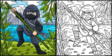 Bu boyama sayfasında Bambu Direği olan bir ninja var. Bu illüstrasyonun bir tarafı renkli ve çocuklar için bir ilham kaynağı..