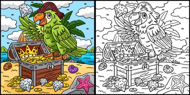 Bu boyama sayfasında Korsan bir papağan sandığa tünemiş. Bu illüstrasyonun bir tarafı renkli ve çocuklar için bir ilham kaynağı..