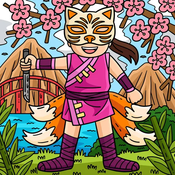 Bu karikatür, Kitsune Maskeli ve Kuyruklu bir Ninja 'yı gösteriyor..