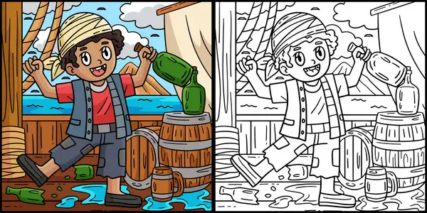 Bu boyama sayfasında bir fıçı romlu korsan var. Bu illüstrasyonun bir tarafı renkli ve çocuklar için bir ilham kaynağı..