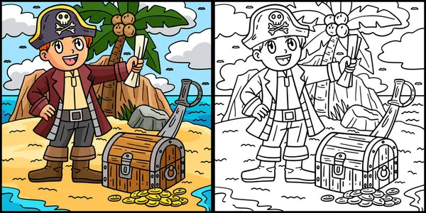 Bu boyama sayfasında Korsan ve Hazine Sandığı var. Bu illüstrasyonun bir tarafı renkli ve çocuklar için bir ilham kaynağı..