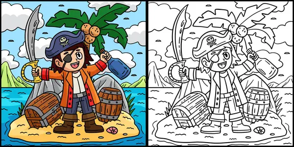 Bu renklendirme sayfasında adanın korsan kaptanı görünüyor. Bu illüstrasyonun bir tarafı renkli ve çocuklar için bir ilham kaynağı..