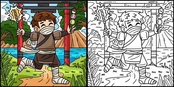 Bu renkli sayfada maytaplı bir ninja ve bir Dango var. Bu illüstrasyonun bir tarafı renkli ve çocuklar için bir ilham kaynağı..