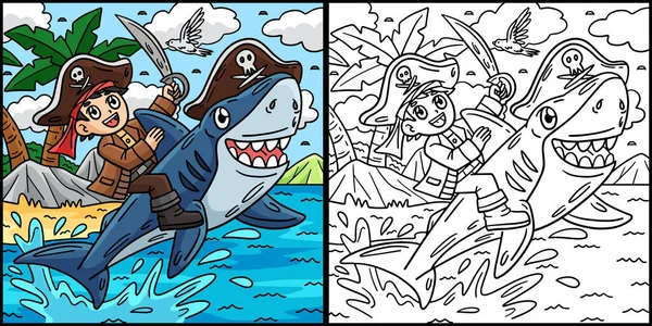 Kolorowanka Pokazuje Pirata Rekina Jedna Strona Tej Ilustracji Jest Kolorowa Ilustracja Stockowa