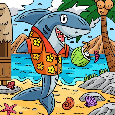 Bu karikatür, tropikal içecek illüstrasyonlu bir köpekbalığı gösteriyor..