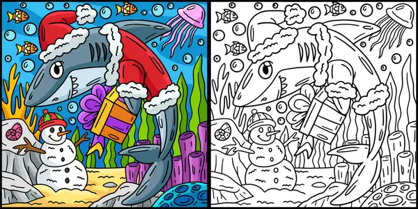 Bu renkli sayfa Santa Shark 'ı gösteriyor. Bu illüstrasyonun bir tarafı renkli ve çocuklar için bir ilham kaynağı..